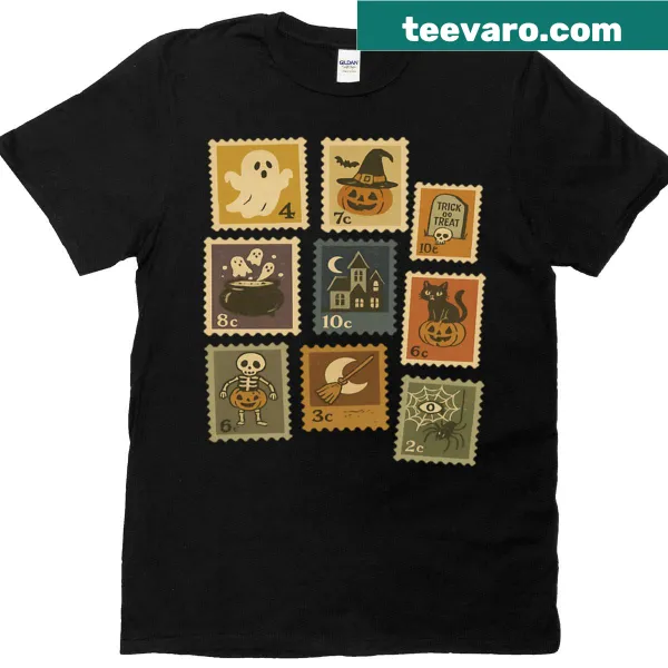 Vintage Halloween T-shirt featuring a collage of postage stamp designs