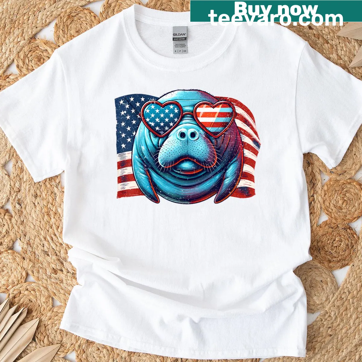 Cartoon manatee with sunglasses against a USA flag background — on a men's t-shirt