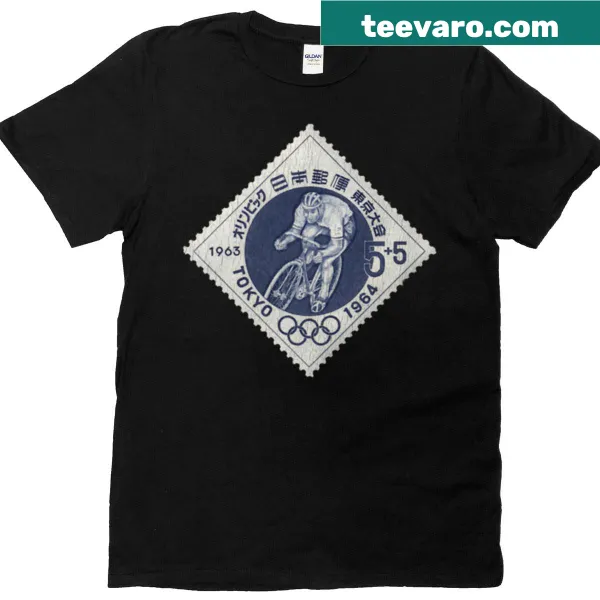 Vintage T-shirt featuring a stamp design of cycling at the 1964 Tokyo Olympics