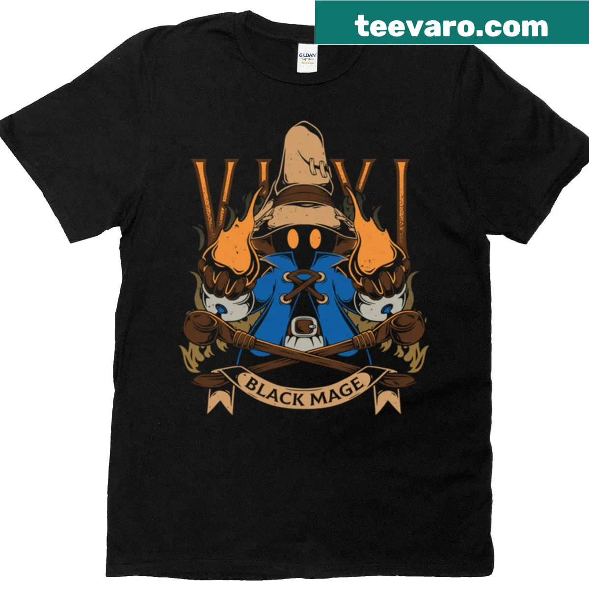 Vivi Black Mage T-shirt showcasing a whimsical illustration of a magical character — on a men's t-shirt