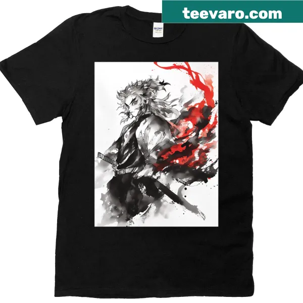 Watercolor graphic of a flame slayer in battle on a t-shirt