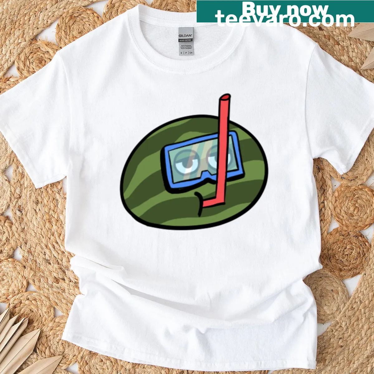 Cartoon watermelon graphic with a silly face on a t-shirt — on a men's t-shirt