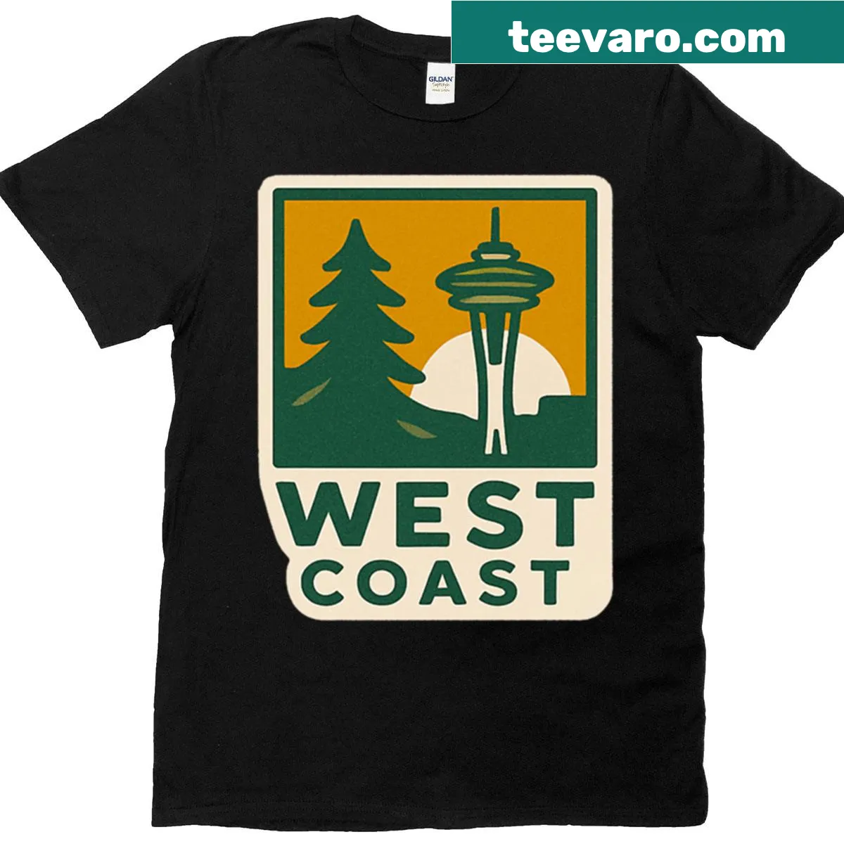 West Coast Space Needle T-shirt featuring a retro design inspired by travel stickers — on a men's t-shirt