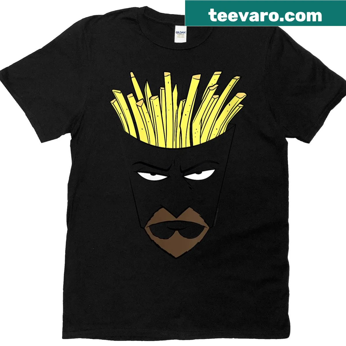 Cartoon graphic of Frylock's face on a women's t-shirt — on a men's t-shirt