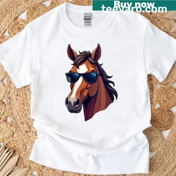 Cartoon horse head with sunglasses graphic on a t-shirt