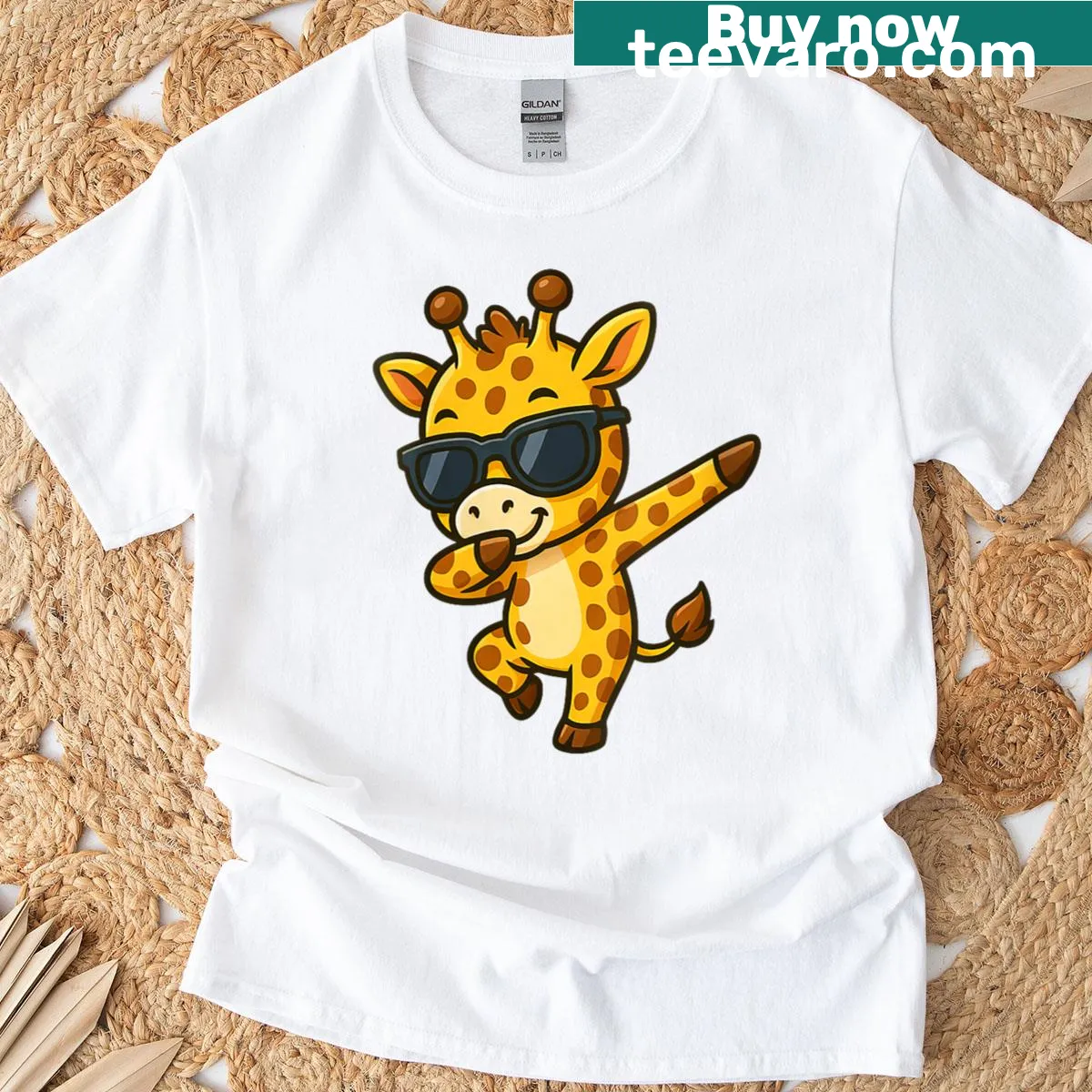 Dabbing giraffe cartoon graphic T-shirt — on a men's t-shirt