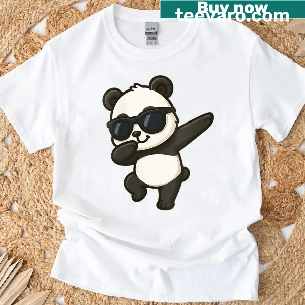 Cartoon panda dabbing with humorous text on a kids' t-shirt