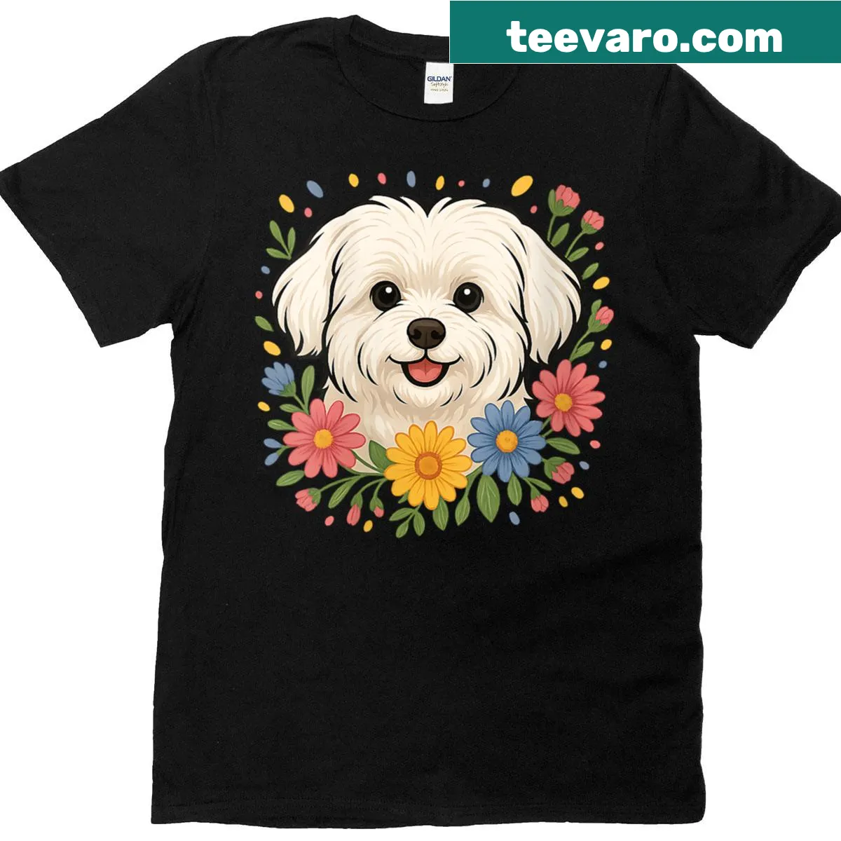 Cute Maltese surrounded by flowers on a women's t-shirt — on a men's t-shirt