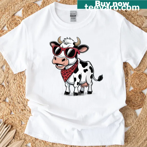 Funny cow cartoon t-shirt with red bandana design