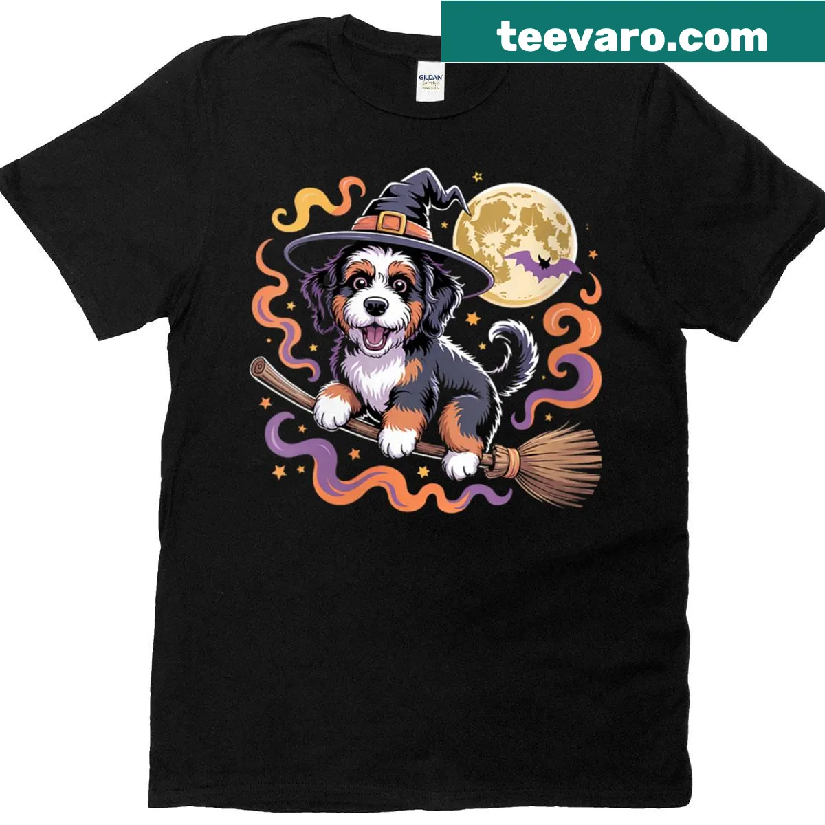 Funny Halloween T-shirt with a cartoon Bernedoodle in costume — on a men's t-shirt