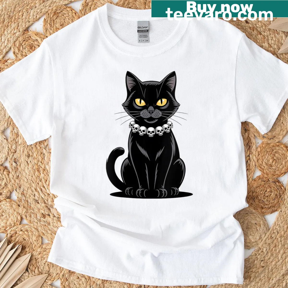 Gothic T-shirt featuring a black cat with a skull necklace design — on a men's t-shirt