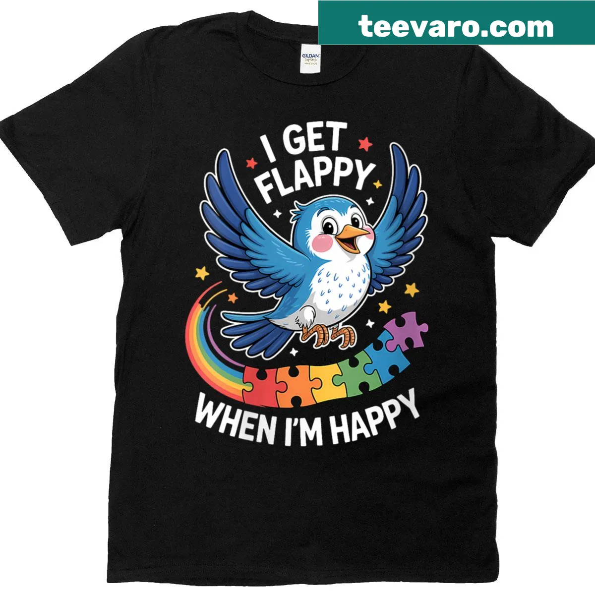 Cute bird graphic with saying on women's autism awareness t-shirt — on a men's t-shirt