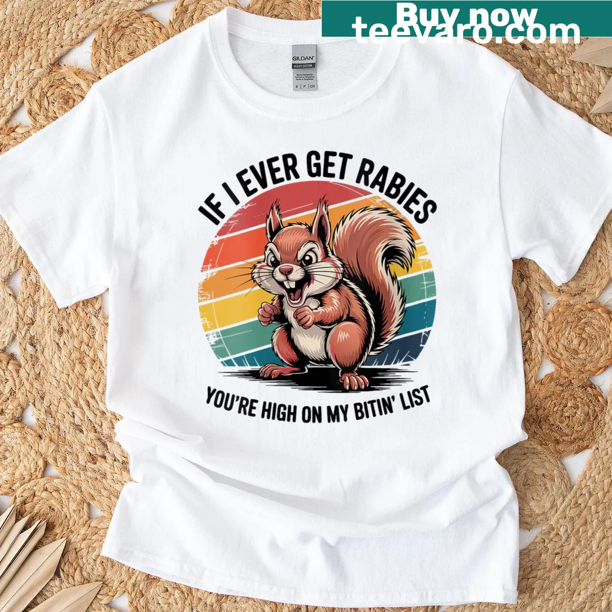 Funny T-shirt with a squirrel graphic and a humorous saying about rabies — on a men's t-shirt