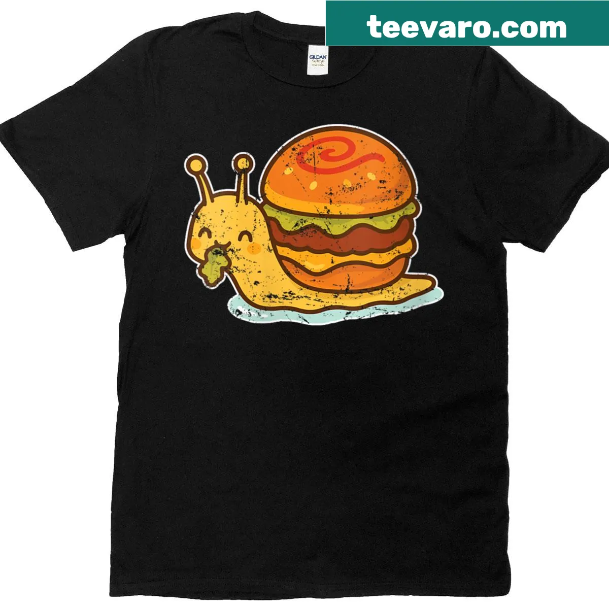 Cartoon T-shirt with a snail inside a burger shell design — on a men's t-shirt