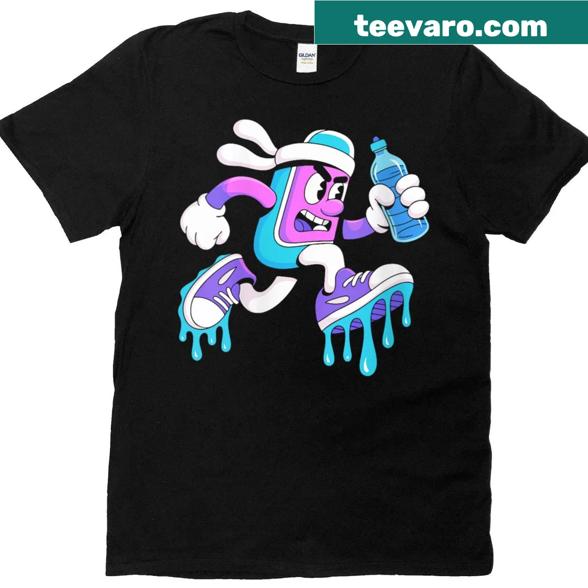Cartoon runner T-shirt promoting hydration — on a men's t-shirt