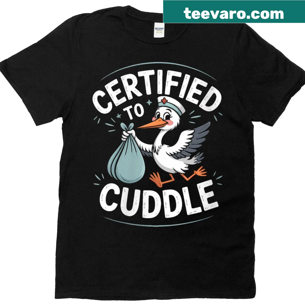 Cute cartoon stork nurse t-shirt for baby lovers — on a men's t-shirt