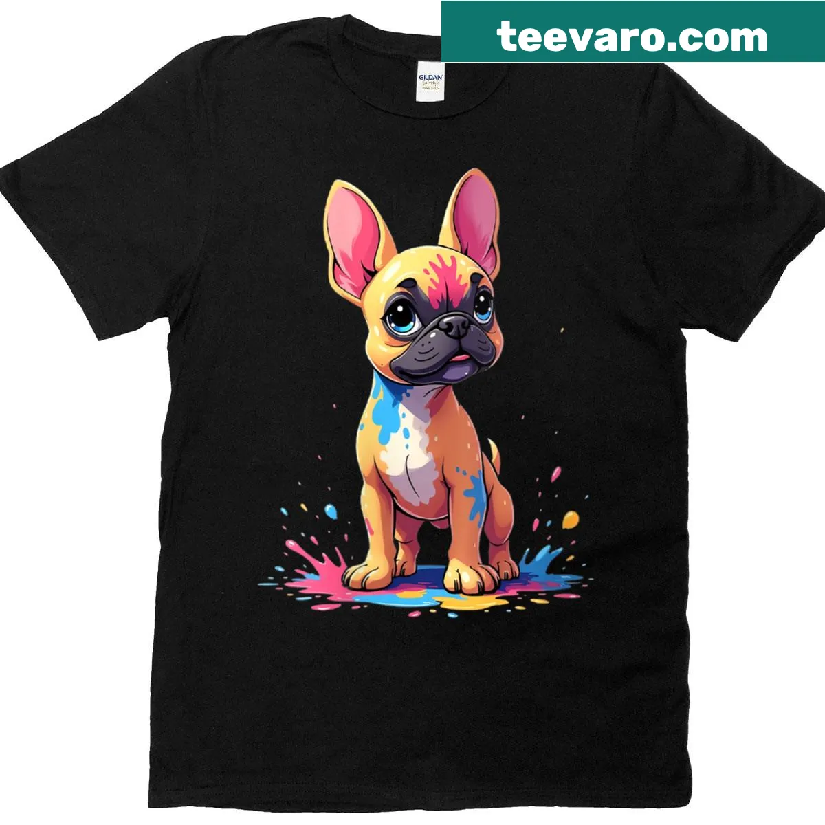 Cartoon French bulldog T-shirt with stylized splatter pattern — on a men's t-shirt
