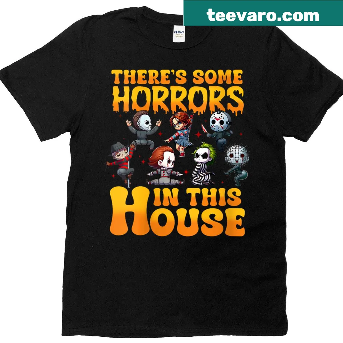 Funny t-shirt featuring horror characters in cartoon style — on a men's t-shirt