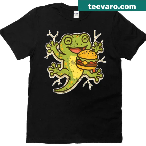 Cartoon tree frog jumping on a burger on women's t-shirt