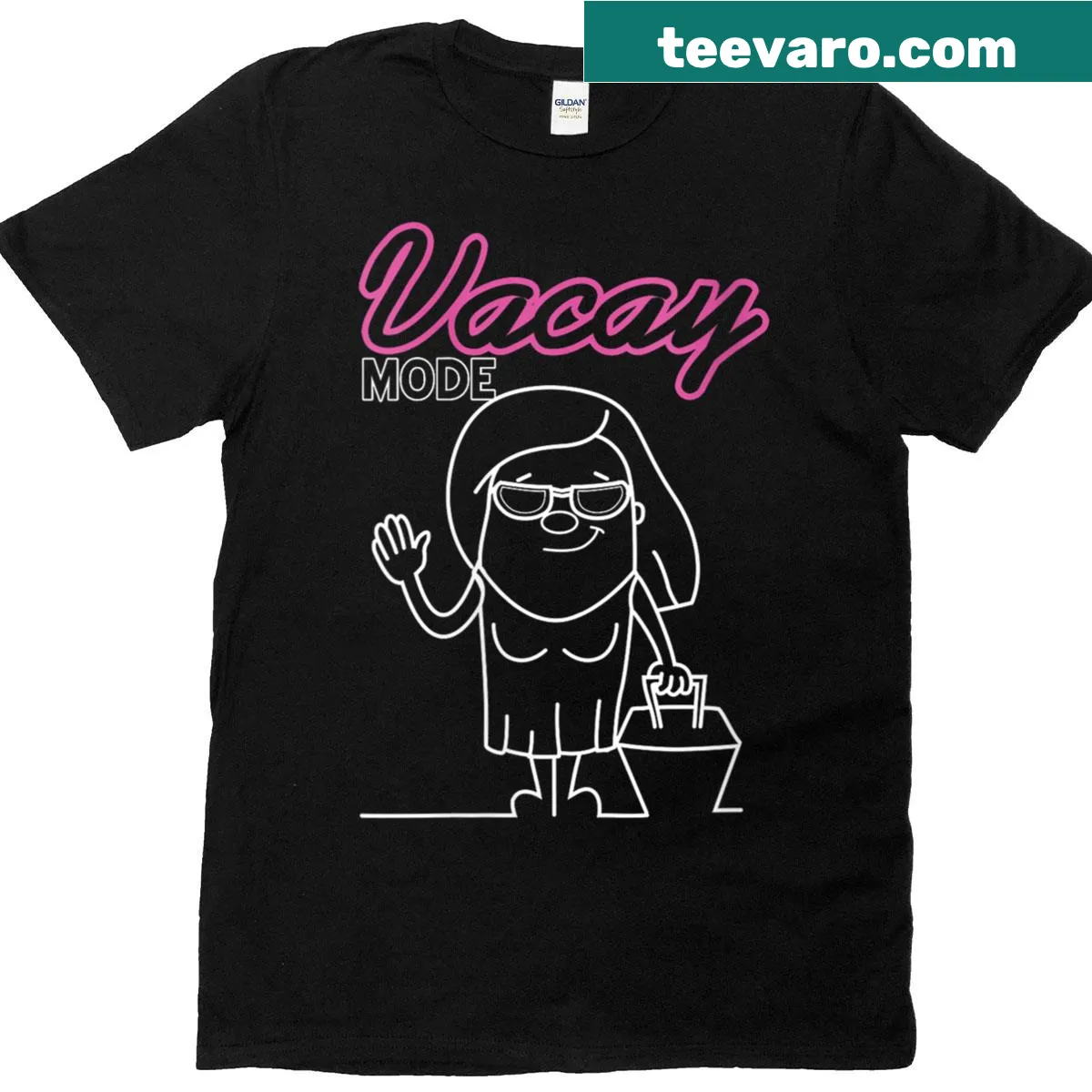Cartoon t-shirt featuring 'Vacay Mode Activated' text and fun graphics — on a men's t-shirt