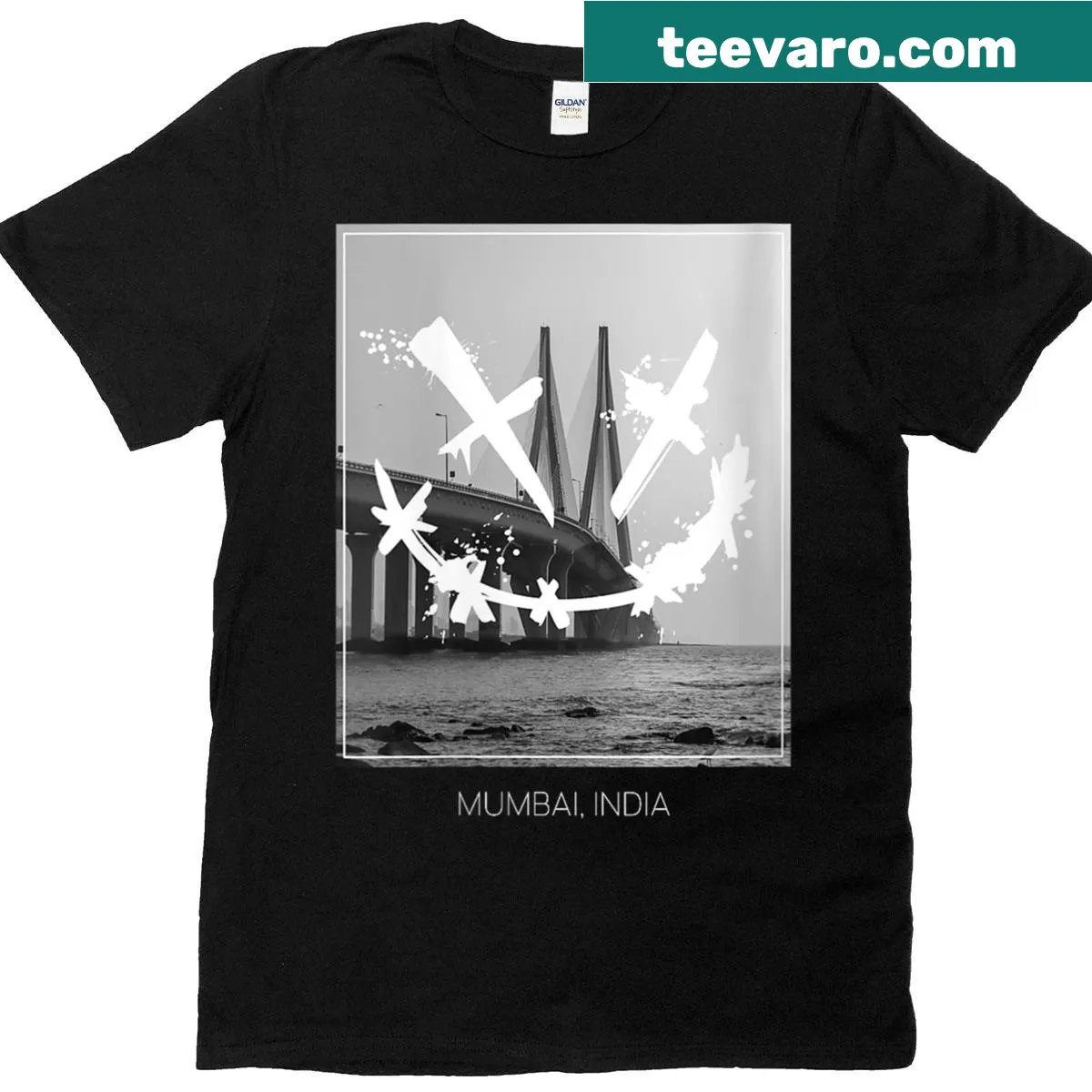 X-eyed smiley face graphic on travel themed women's t-shirt — on a men's t-shirt