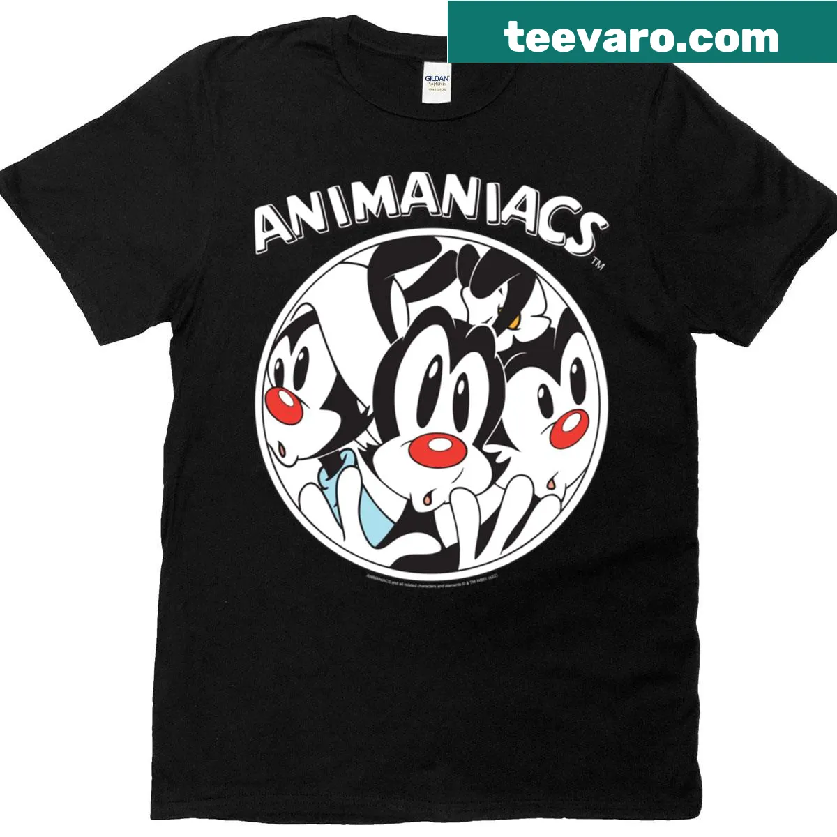Cartoon T-shirt with a close-up of Yakko Wakko's fish-eye view — on a men's t-shirt