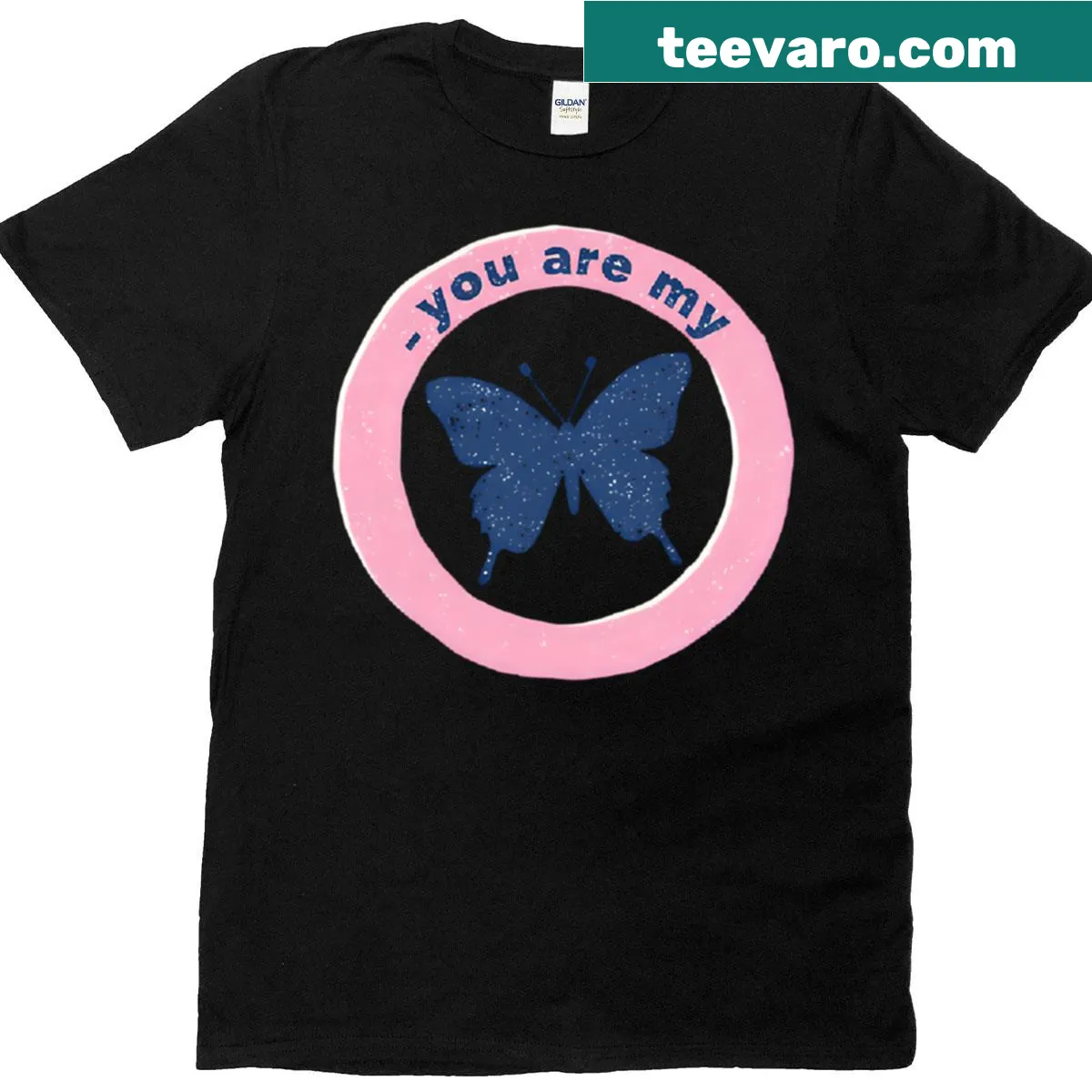 Romantic t-shirt with butterfly ring design and sentimental message — on a men's t-shirt