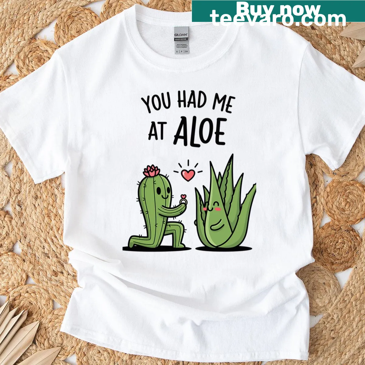 T-shirt with the phrase 'You Had Me At Aloe' in playful typography. — on a men's t-shirt