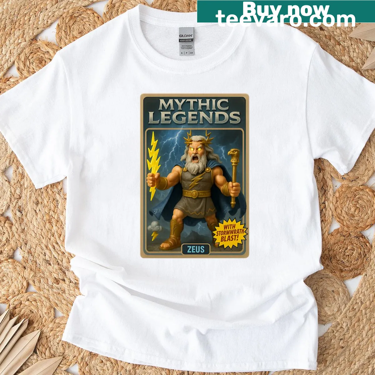 Zeus graphic on a retro Greek myth-themed T-shirt — on a men's t-shirt