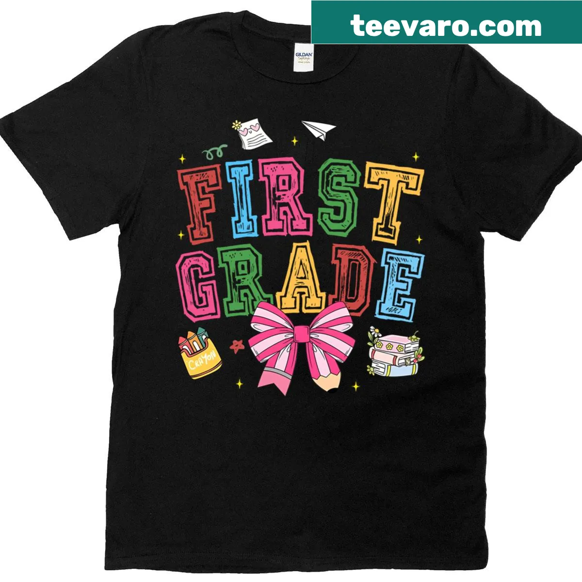 Illustrative T-shirt with a pencil and bow design for girls — on a men's t-shirt