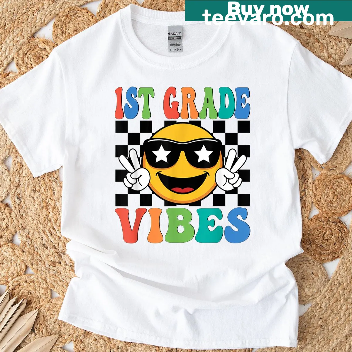 Playful t-shirt with '1st Grade Vibes' text design — on a men's t-shirt
