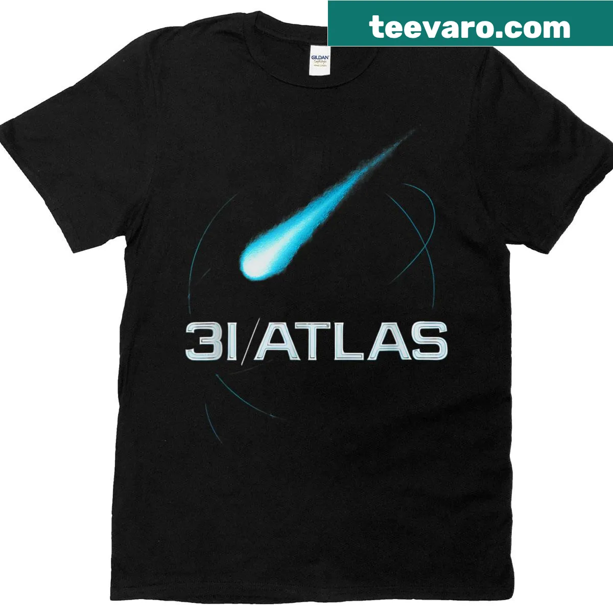 Interstellar-themed T-shirt with comets and UFOs — on a men's t-shirt