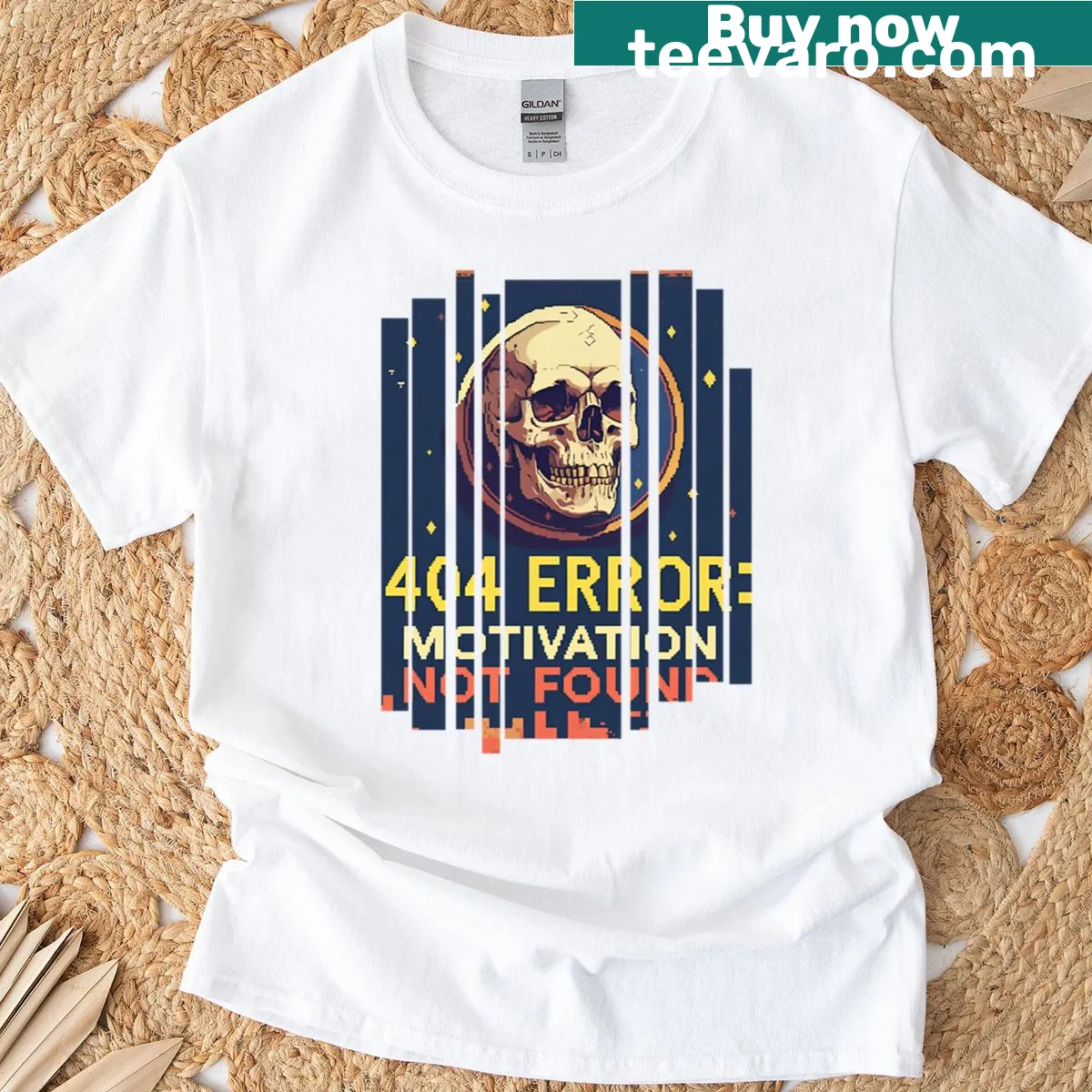 Edgy T-shirt featuring 404 error message and pixelated skull — on a men's t-shirt