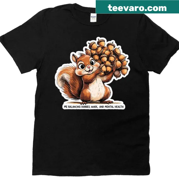 Cartoon squirrel balancing an acorn on its head in a whimsical design