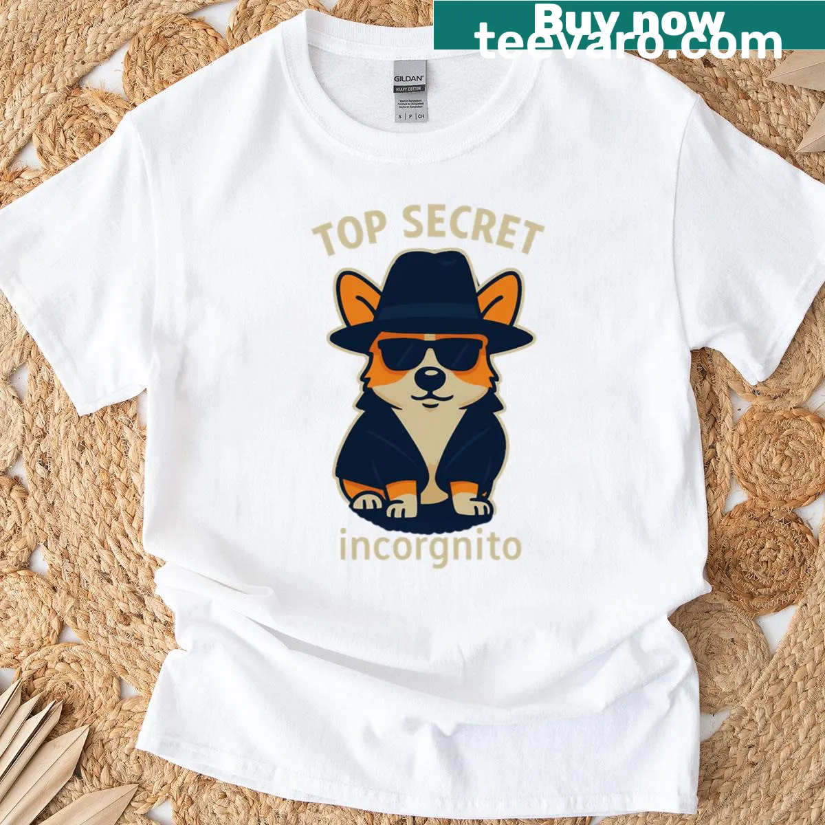 Playful t-shirt featuring a corgi on a secret mission — on a men's t-shirt