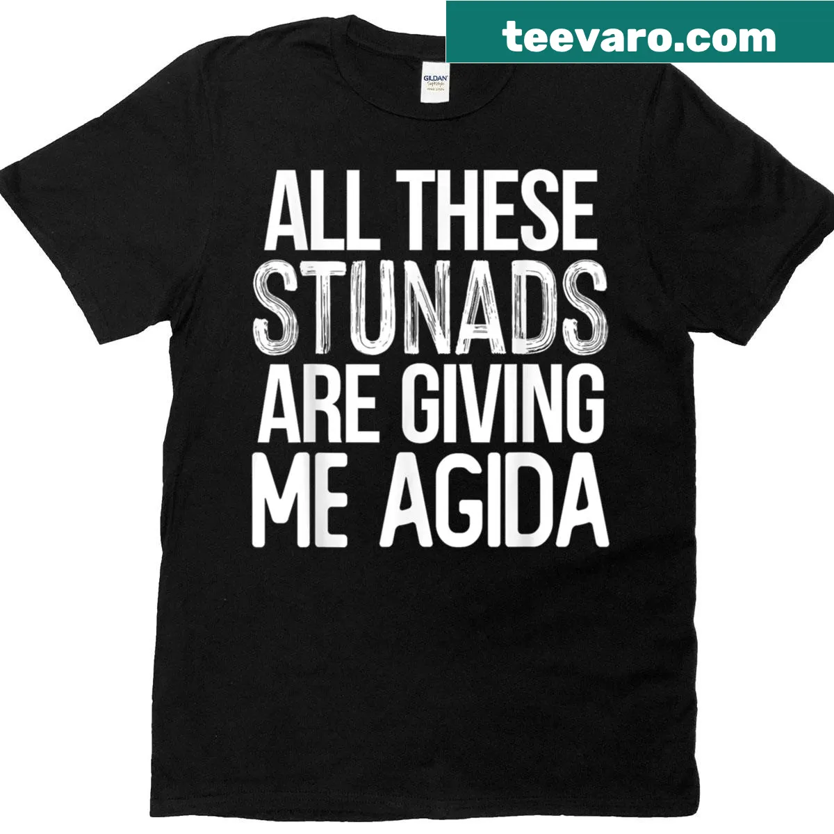 T-shirt with humorous Italian saying 'All These Stunads Me Agida' — on a men's t-shirt