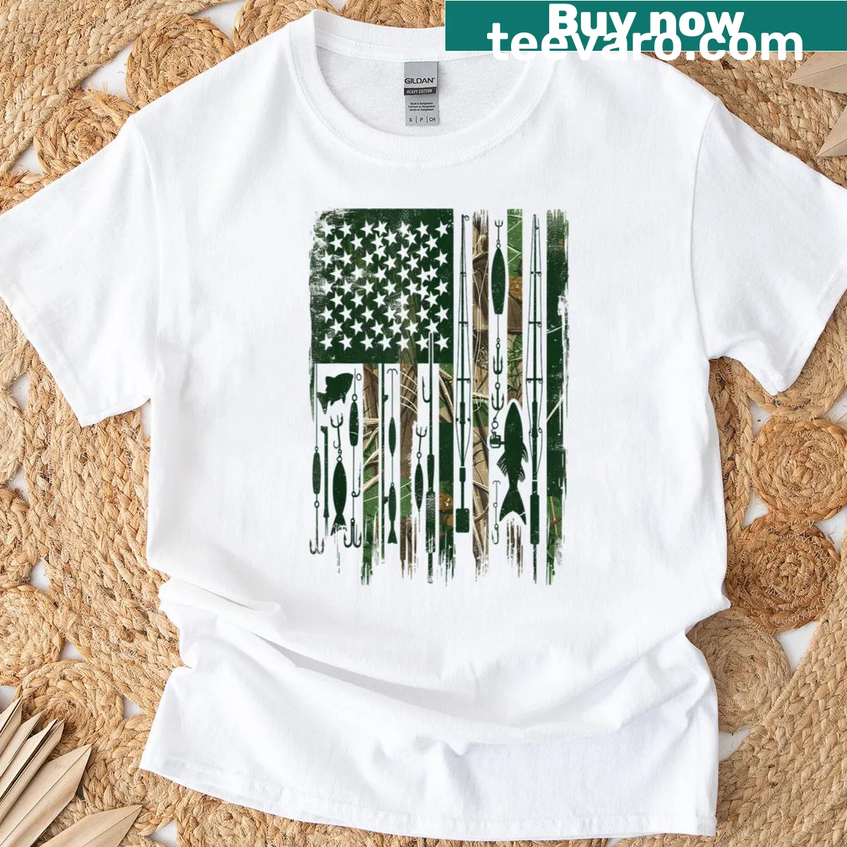 Camo t-shirt featuring American flag and fishing design — on a men's t-shirt