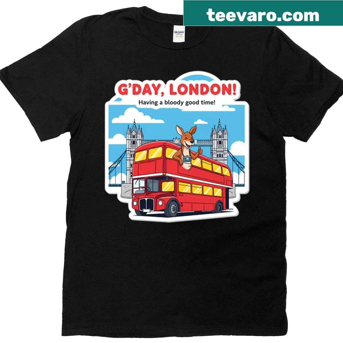 Oversized T-shirt with a playful cartoon scene of an Aussie in London — on a men's t-shirt