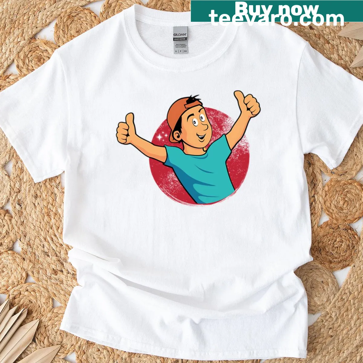 Cartoon-style anime thumbs up graphic t-shirt — on a men's t-shirt