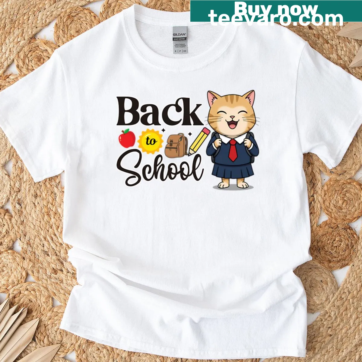 Cute cat in uniform with backpack graphic on t-shirt — on a men's t-shirt