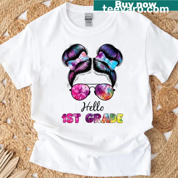 Teacher t-shirt with bow and 'Hello First Grade Girls' text