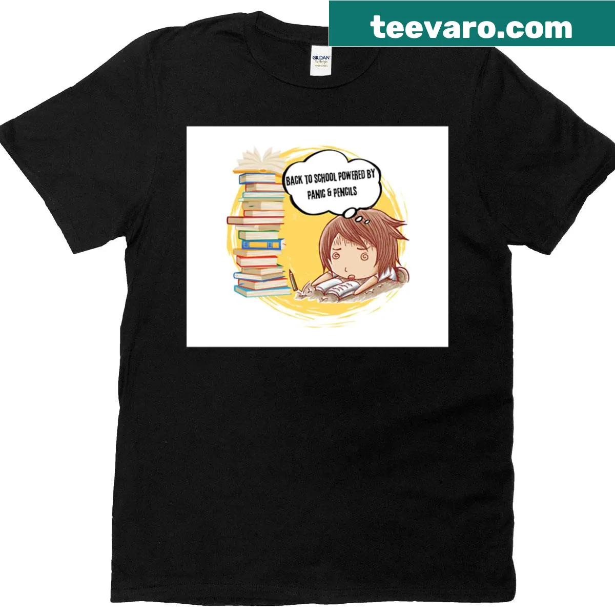 Funny student t-shirt featuring Back To School Panic and pencil graphics. — on a men's t-shirt