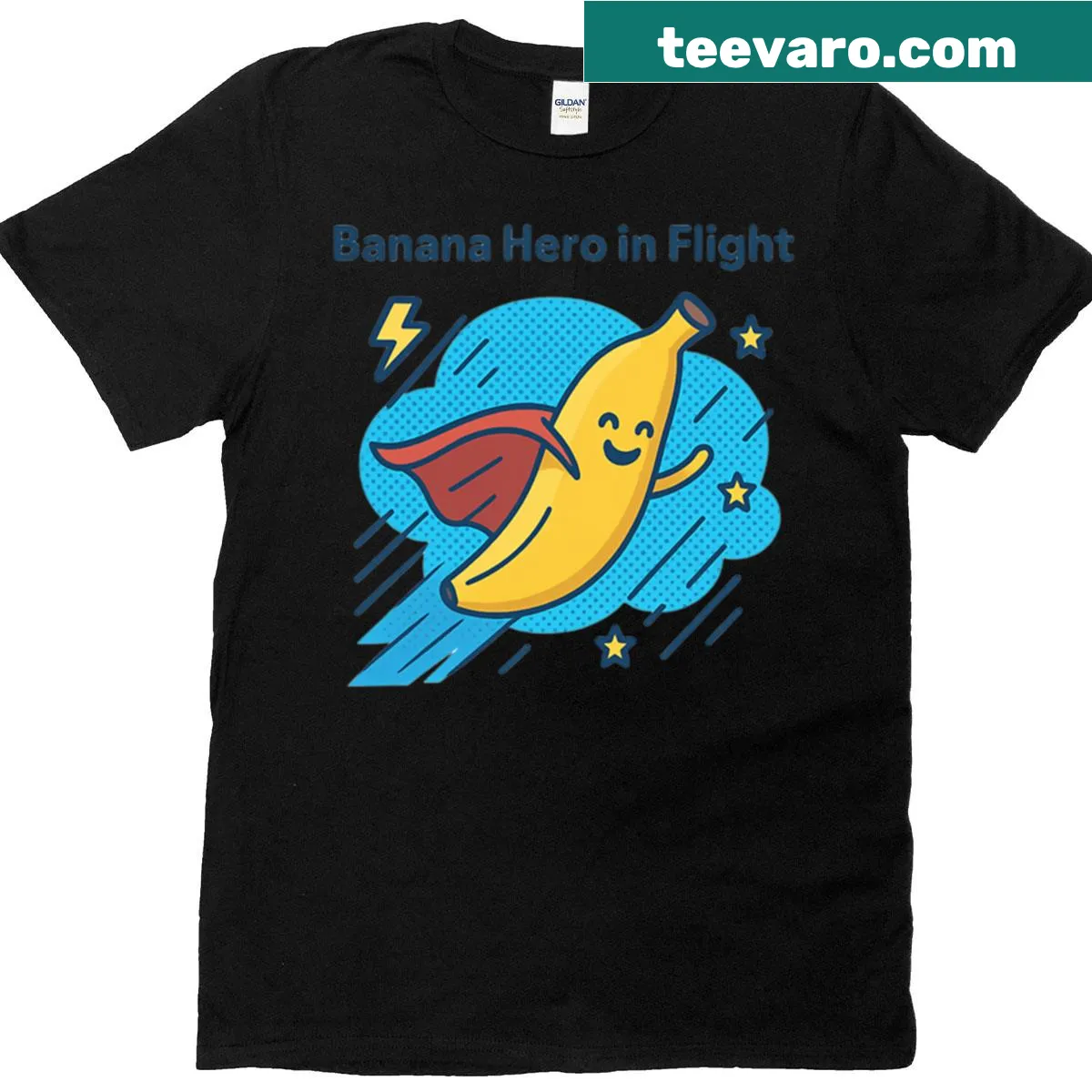 Whimsical banana superhero graphic on a t-shirt. — on a men's t-shirt