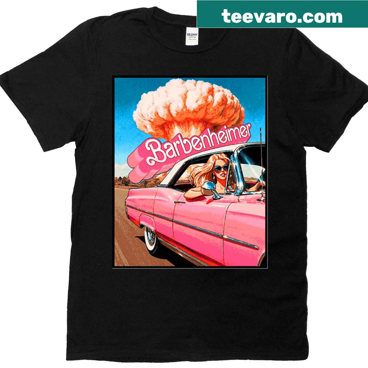 Humorous Barbenheimer t-shirt design referencing popular culture — on a men's t-shirt