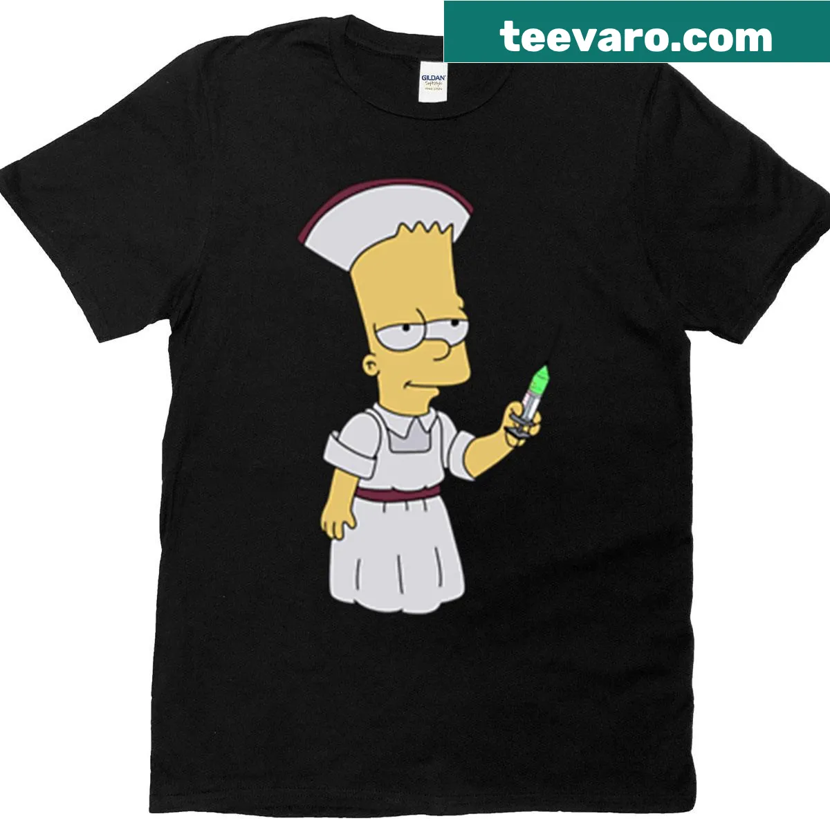 Bart Simpson dressed as a nurse on a humorous T-shirt — on a men's t-shirt