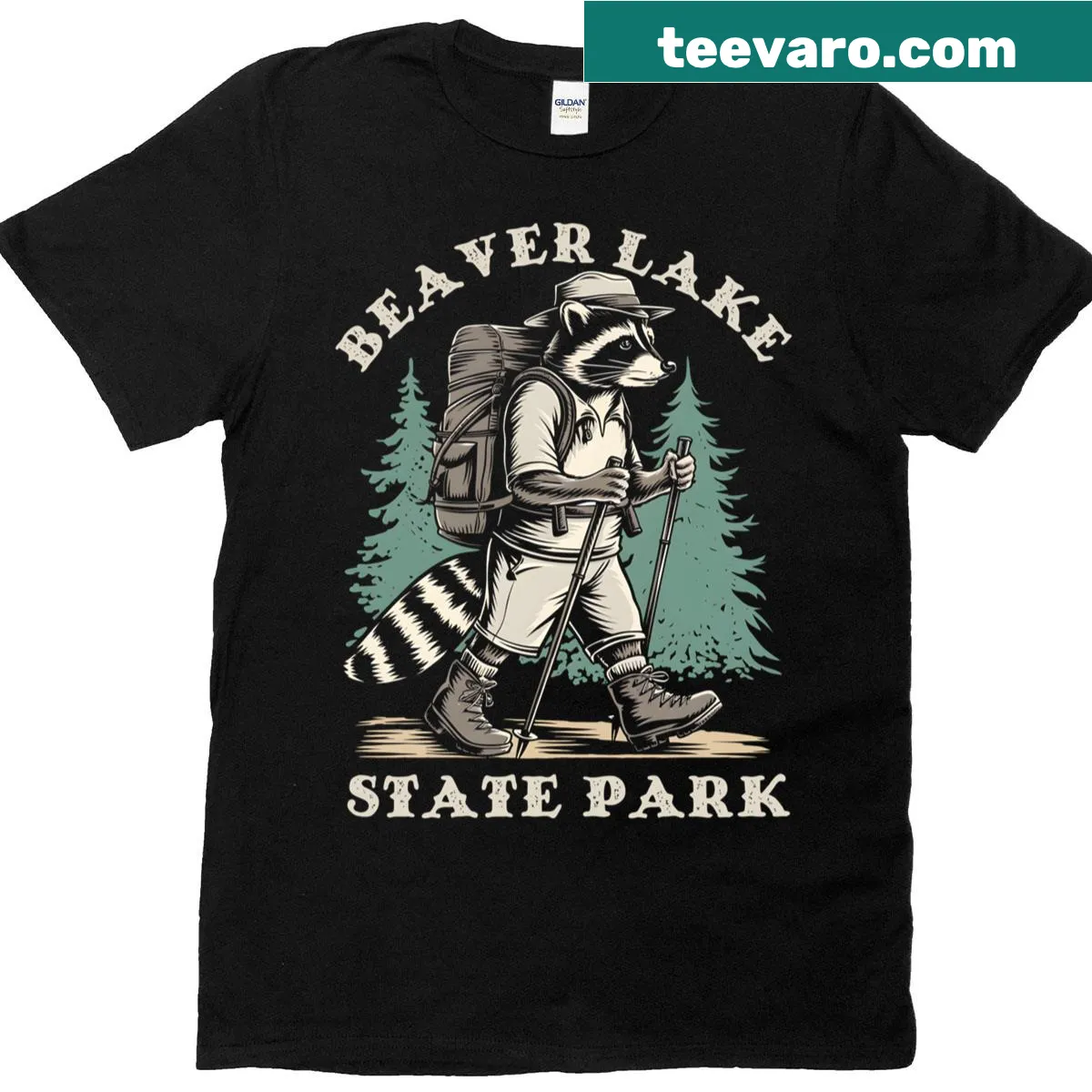 Raccoon hiking with a backpack in Beaver Lake State Park graphic — on a men's t-shirt