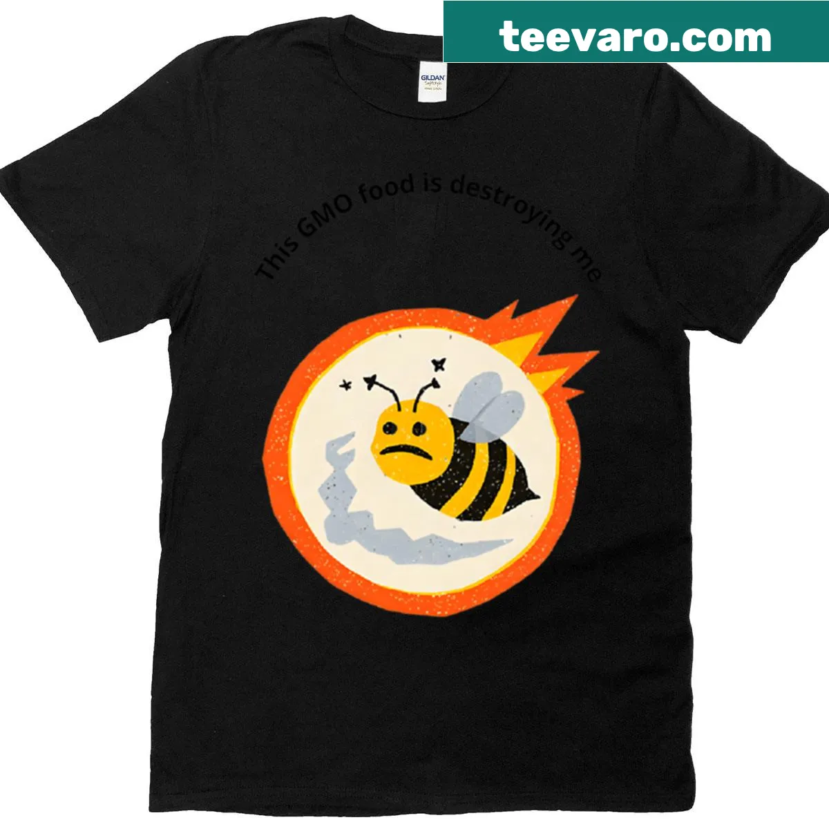 Bold T-shirt with the phrase about GMO food challenges — on a men's t-shirt