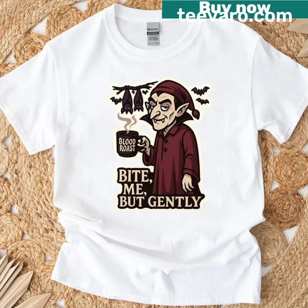 Funny vampire coffee lover t-shirt with bite-themed text