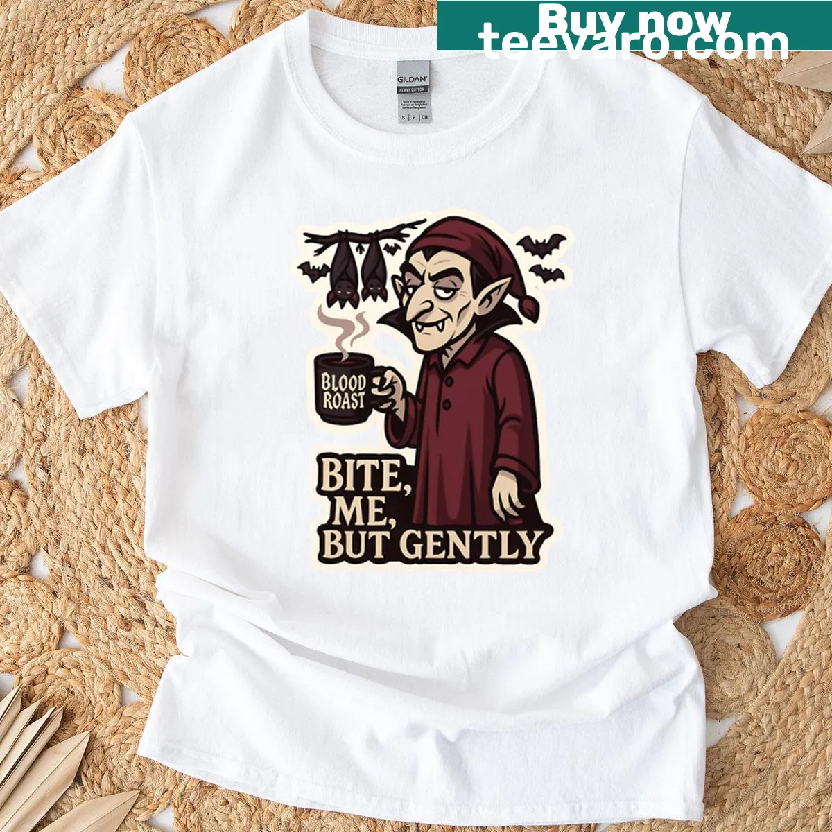Funny vampire coffee lover t-shirt with bite-themed text — on a men's t-shirt