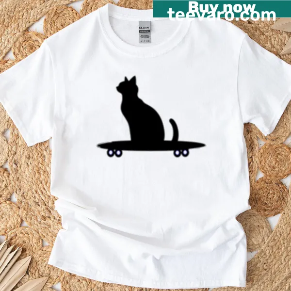 Illustration of a black cat riding a skateboard with a fun design